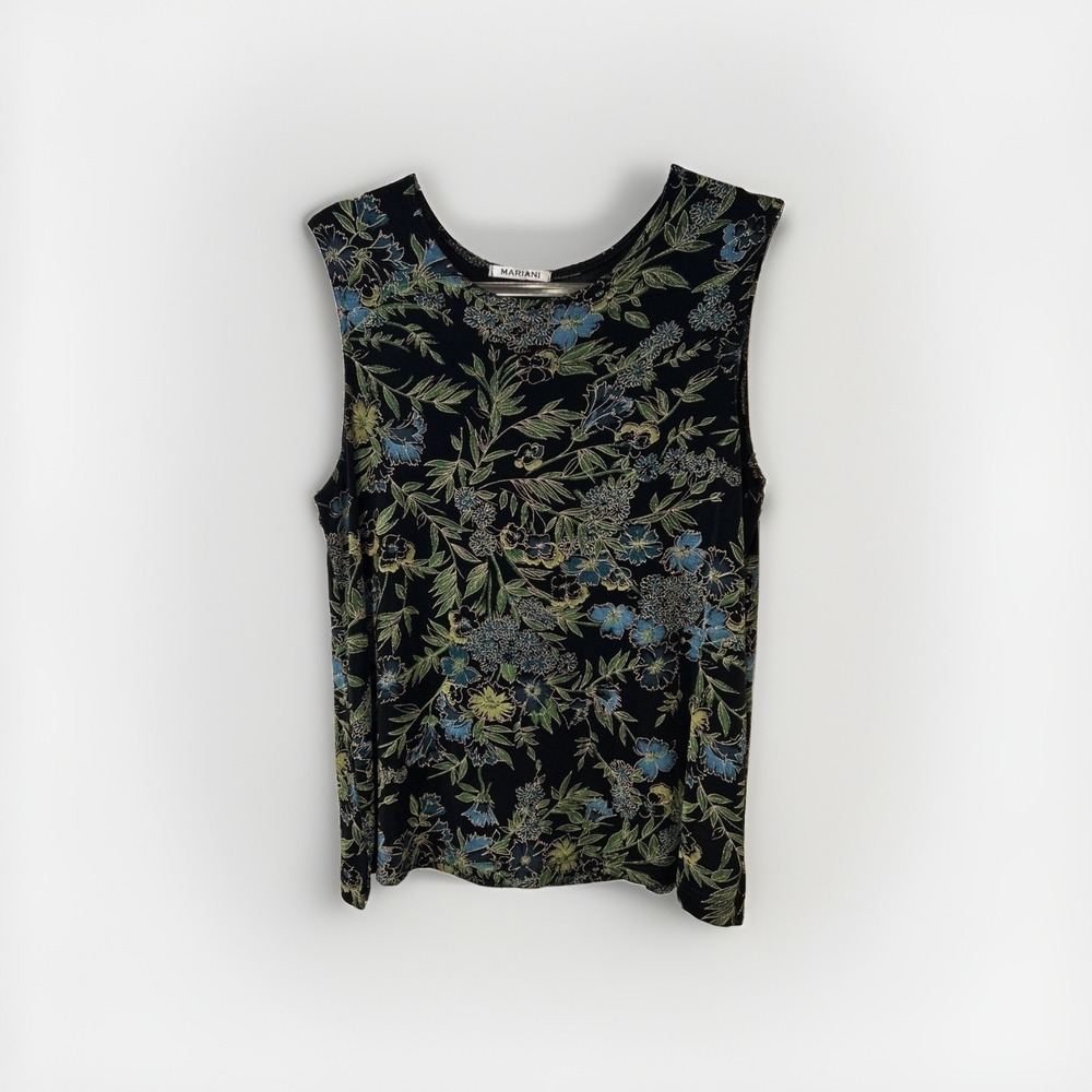 Mariani Tank Top Women XL Black Floral Acetate Slinky Vtg Sleeveless Blouse